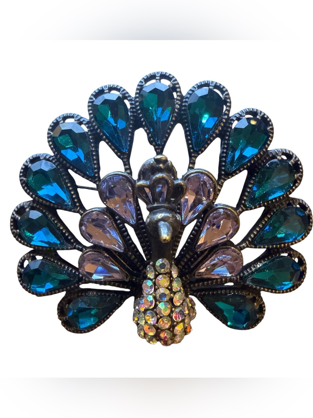 Vintage-Inspired Peacock Brooch in Teal & Lavender